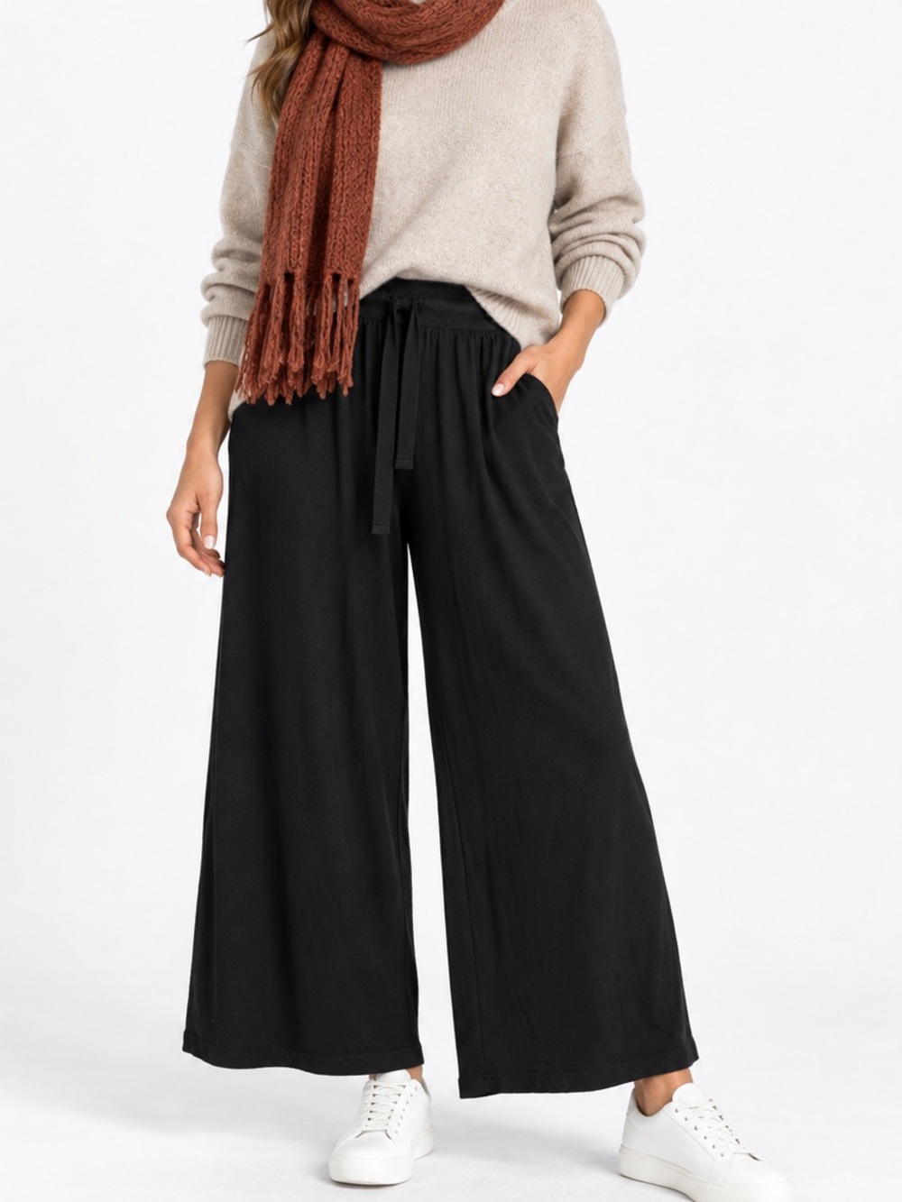 Black Wide Leg Pull-On Pants Drawstring Soft Knit Lounge Travel Minimalist Comfy